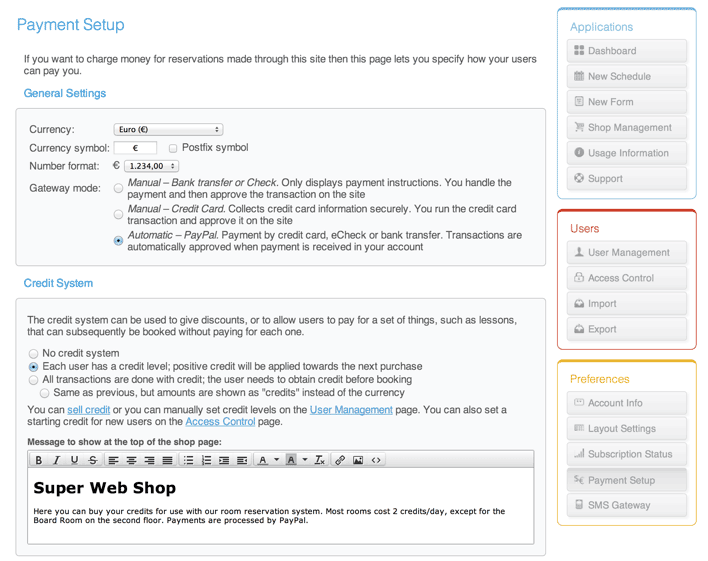 Configuration du système de crédits