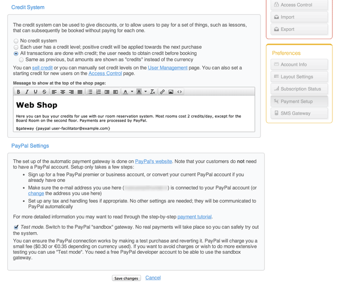 Configuration du mode de tests